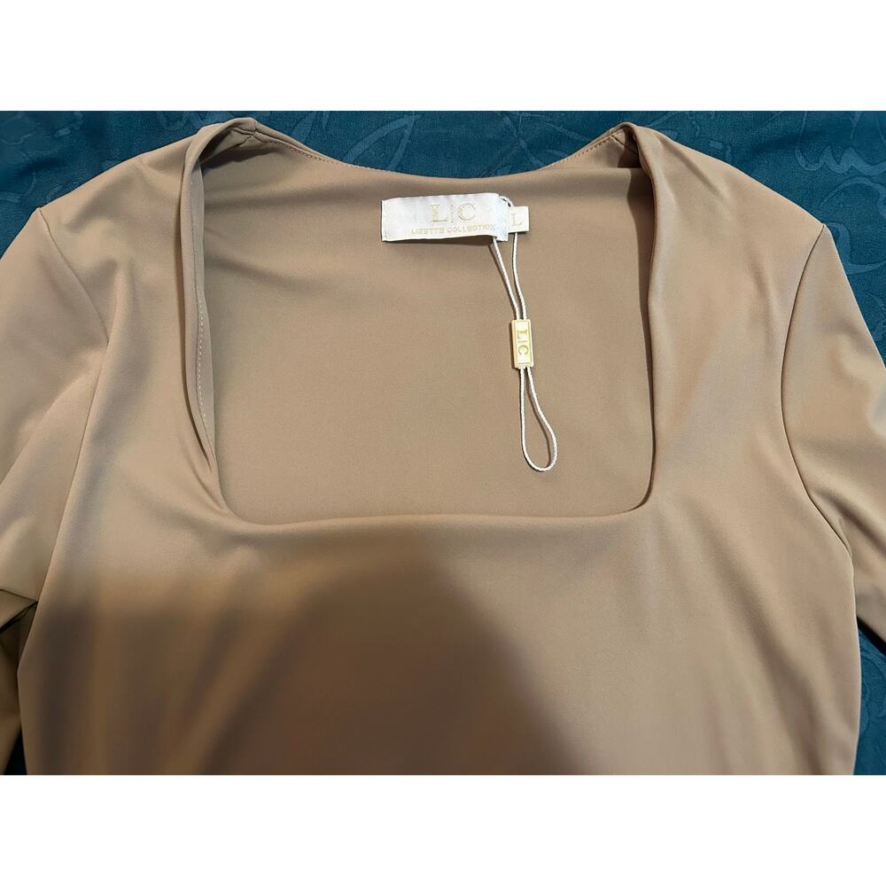 LC Leslie’s Collection Taupe Square Neck Long Sleeve Top Women’s Size L - Picture 3 of 4